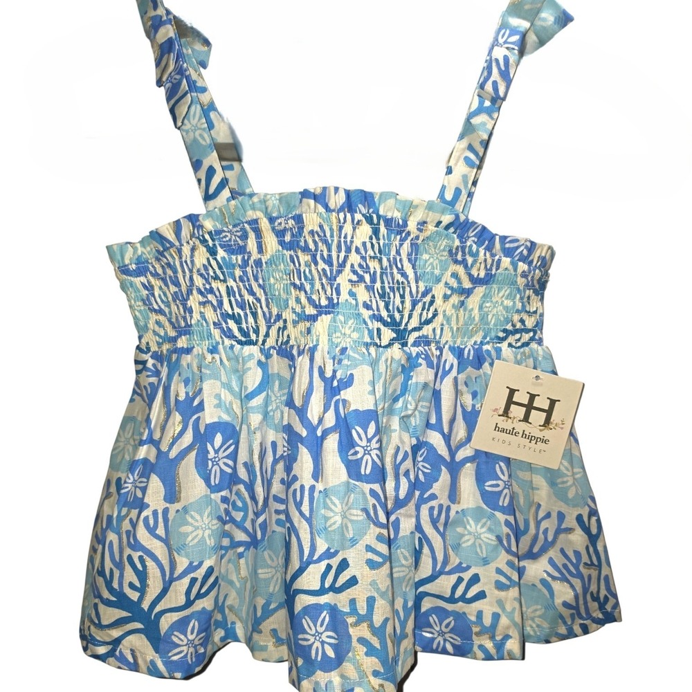 Haute Hippie Kids Blue White Coral Sand Dollar Smocked Tie Shoulder Tank Top NWT